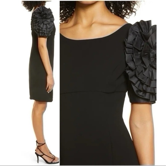 Shani Dramatic Rosette Sleeve Crepe Sheath Cocktail Dress Black - Picture 4 of 12